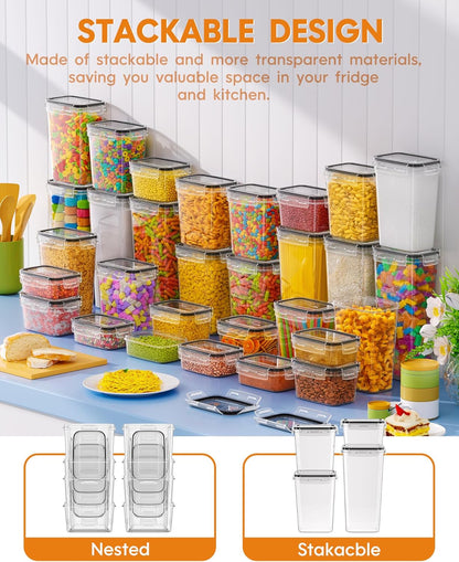 Airtight Food Storage Containers with Lids, 24 PCS Kitchen and Pantry Organization Canisters, BPA-Free, PVC-Free, Food-grade Plastic Leak-proof Jars for Cereal, Flour, Sugar, Extra 24 Labels & Marker