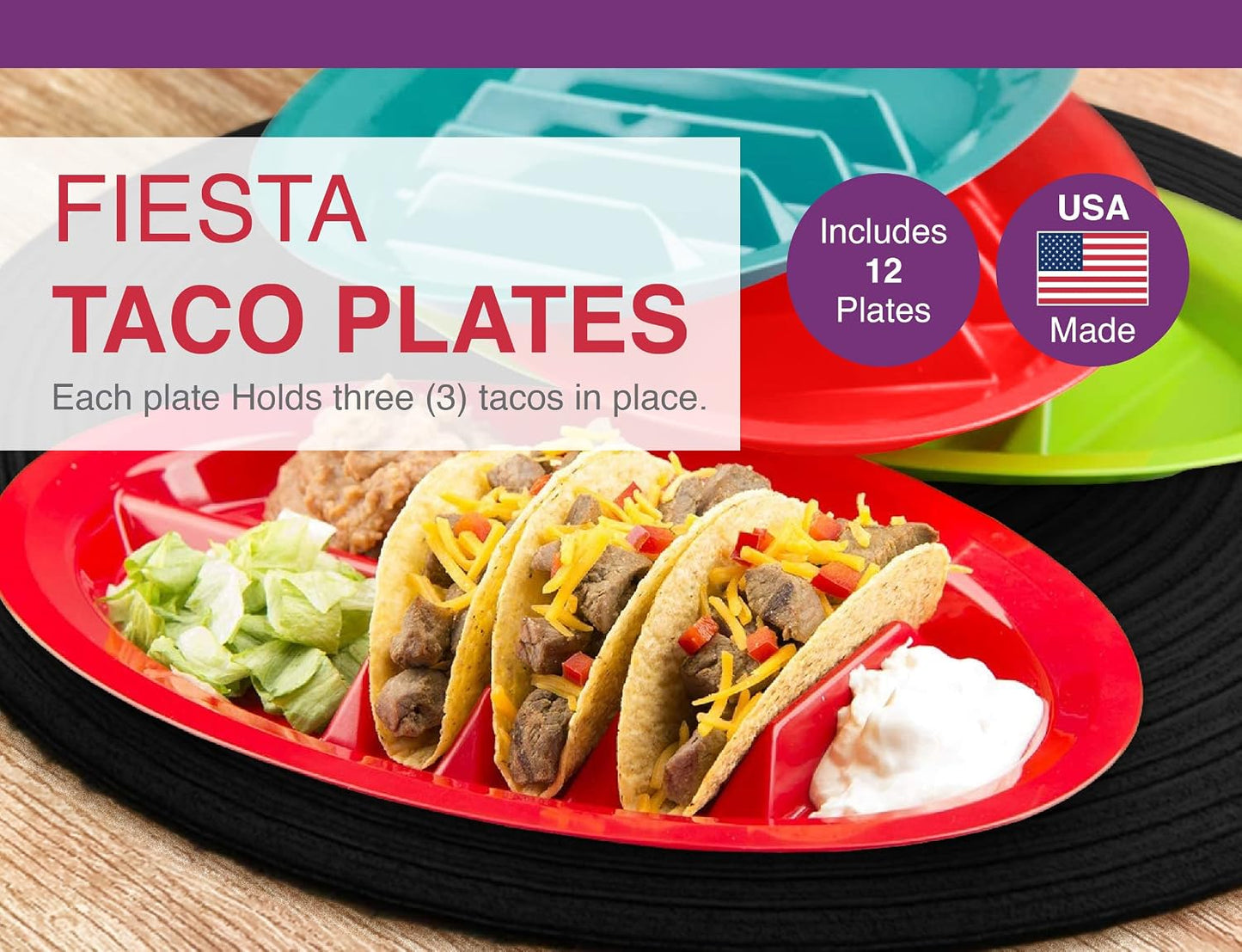 Arrow Home Products Fiesta Taco Plate, 12 Pack - Each Plate Includes 3 Taco Holders Plus 2 Compartments - BPA Free Plastic, Made in the USA, Dishwasher Safe - Assorted Colors