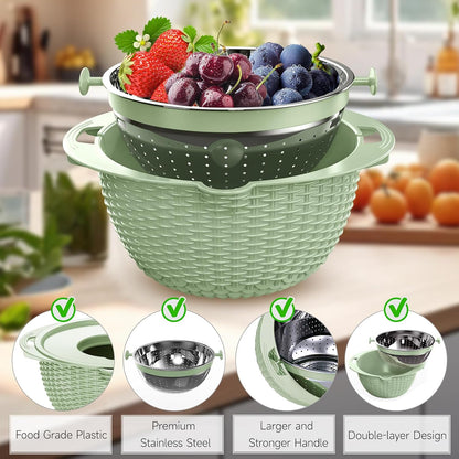 4-1 Colander with Bowl & Spoons Set - Rotatable Colander for kitchen with New Upgraded Graters, Food Strainer(Patented) for Pasta, Fruits, Vegetables, Funny Presents for Women, Beige