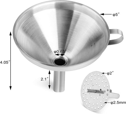 New Star Foodservice Stainless Steel Funnel with Detachable Strainer Filter, 5-Inch, Silver, Heavy-Duty Kitchen Funnel for Liquids, Oils, Sauces, Broths, and Canning