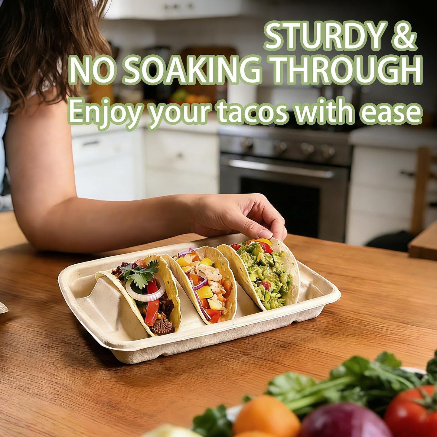 50 Pcs Disposable Taco Holders for Party, Premium Paper Taco Plates with 3 Dividers, Fiesta Taco Holder Trays Stand Rack Serving Set for Taco Tuesday Taco Bar