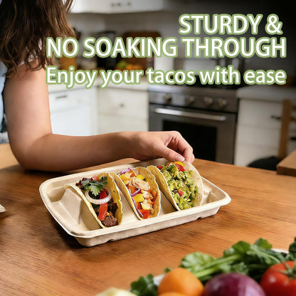 50 Pcs Disposable Taco Holders for Party, Premium Paper Taco Plates with 3 Dividers, Fiesta Taco Holder Trays Stand Rack Serving Set for Taco Tuesday Taco Bar