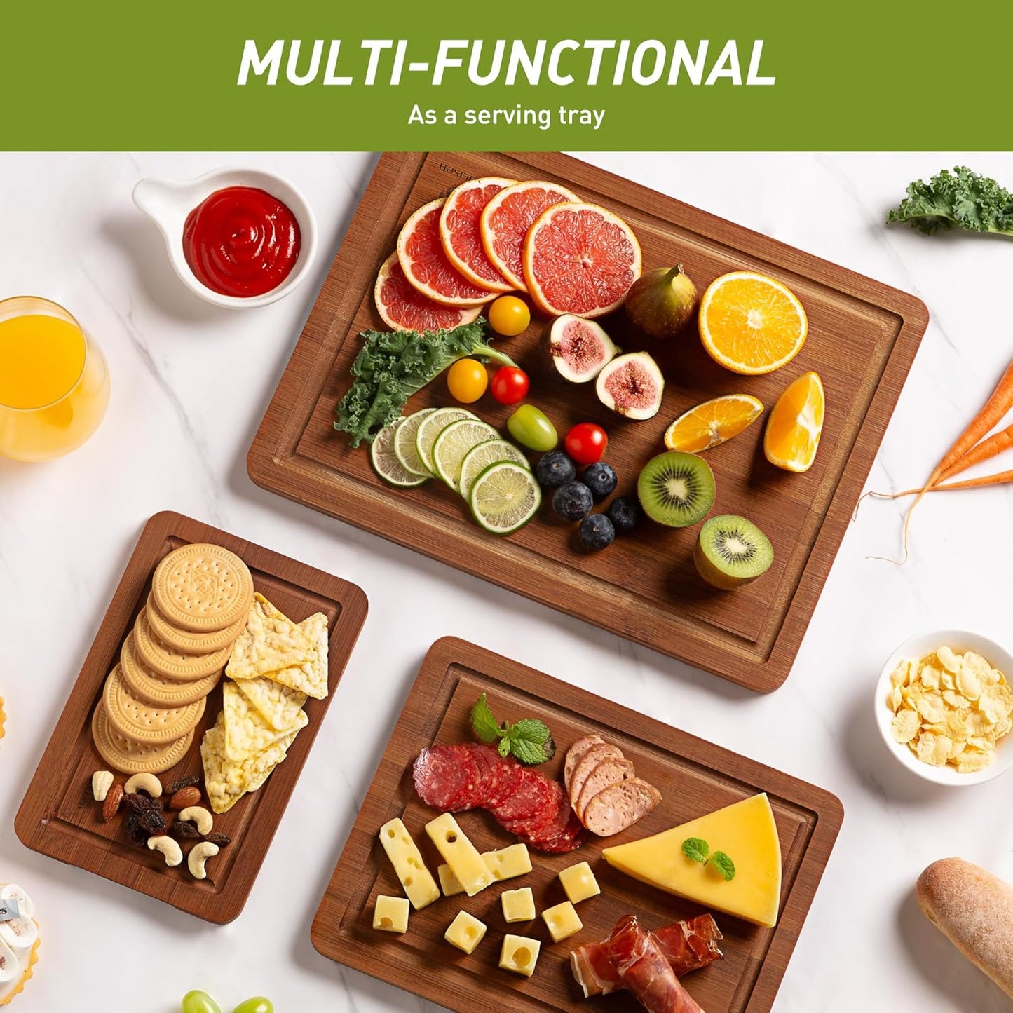 3 Packs Bamboo Cutting Board Set with Non Slip Feet and Over Sink Nice Solid Thick Wood Juice Groove Chopping Board Extra Large Big Small Best Hardwood Kitchen Counter Organic Vegetable