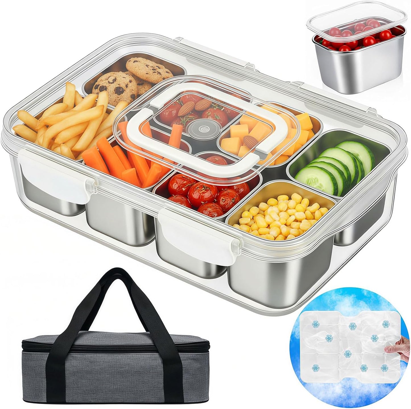 Snackle Box Container with Ice Pack Stainless Steel,Portable Snack Boxes with Lid and Insulated Bag,8 Compartment Snackle Storage Divided Serving Tray Beach Road Trip Picnic for Fruit Charcuterie