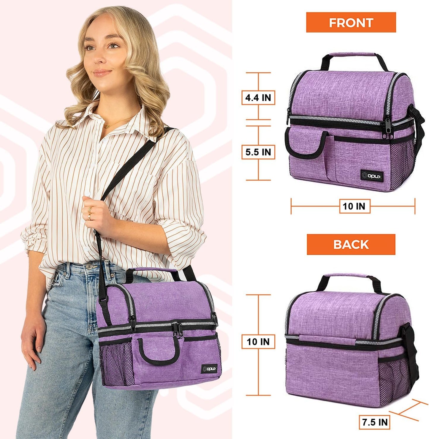 opux Insulated Lunch Bag Women Men, Dual Compartment Leakproof Lunch Box Adults Kids, Double Decker Meal Prep Bento Lunch Cooler Tote with Shoulder Strap for Work Office School Travel, Floral Purple