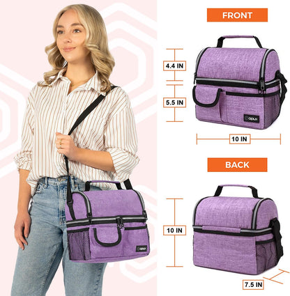 opux Insulated Lunch Bag Women Men, Dual Compartment Leakproof Lunch Box Adults Kids, Double Decker Meal Prep Bento Lunch Cooler Tote with Shoulder Strap for Work Office School Travel, Floral Purple