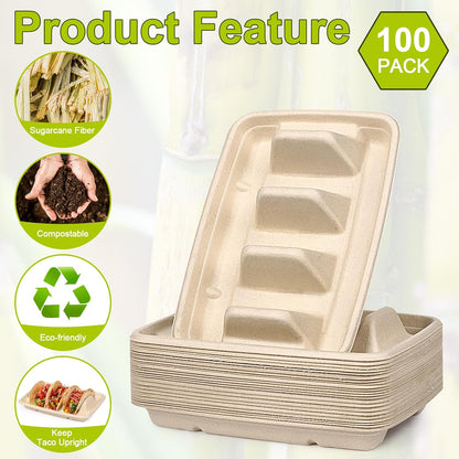 100 Pack Disposable Taco Holders, Disposable Taco Plates with Dividers, Compostable Paper Taco Holder Plates Trays, Taco Bar Serving Set for a Party, Taco Night, Taco Tuesday Decorations