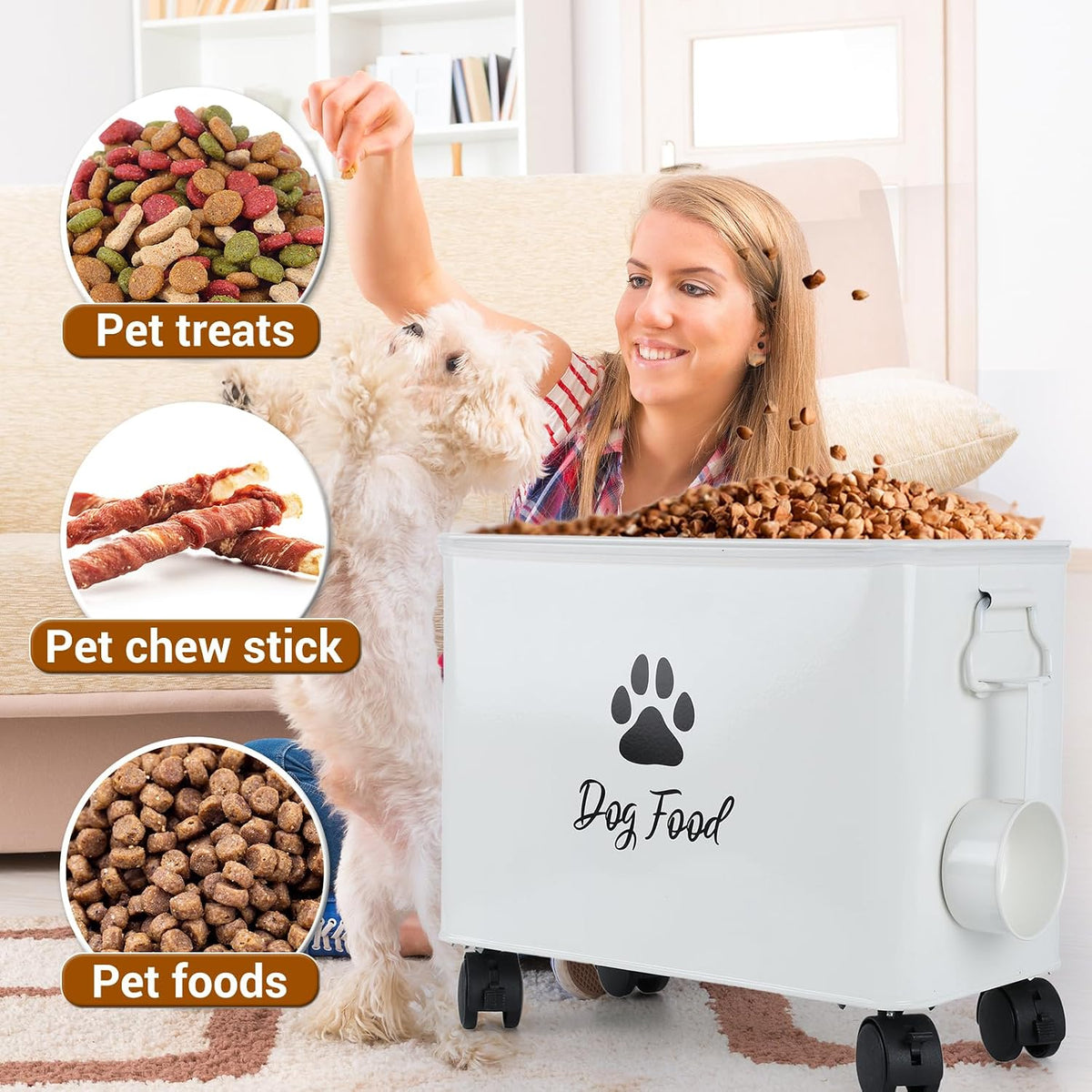 Dog Food Container 13lb, Cute Airtight Pet Food Storage Containers with Metal Lid Scoop, Black Metal Storage Bin for Dog/Cat with Wheels,Easy to Move
