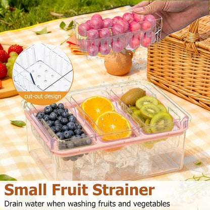 Sorgion Ice Chilled Condiment Caddy with Portable Handle, 5 Compartment Serving Tray with Built-in Bread Slicer and Ice Chamber, Clear Garnish Tray for Bar, Taco Party, BBQ, Picnic & Fruit Pink