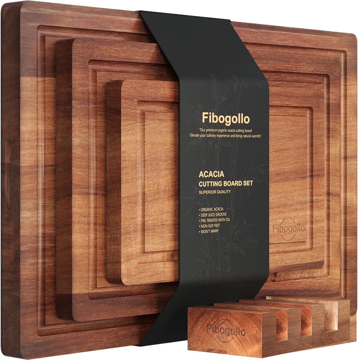 Fibogollo Acacia Wood Cutting Boards for Kitchen(Set of 3),Wooden Chopping Boards Set with Juice Groove,Serving Board with Holder,Butcher Block for Meat,Vegetables,Fruit