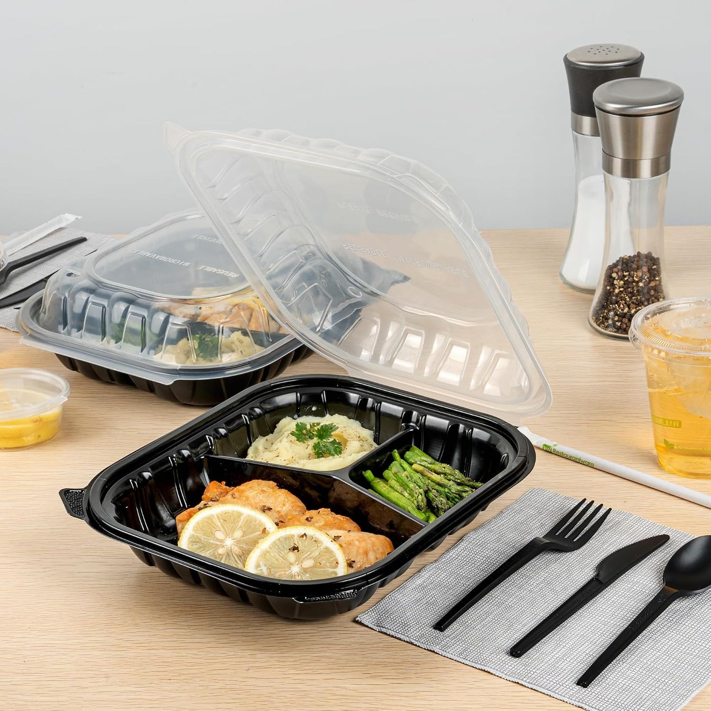 Thermo Tek 40 Ounce Clamshell Containers, 50 Disposable Take Out Boxes - 3 Compartments, Ventilated Lids, Black Plastic Meal Prep Containers, Microwavable, For Pasta Or Salads - Restaurantware