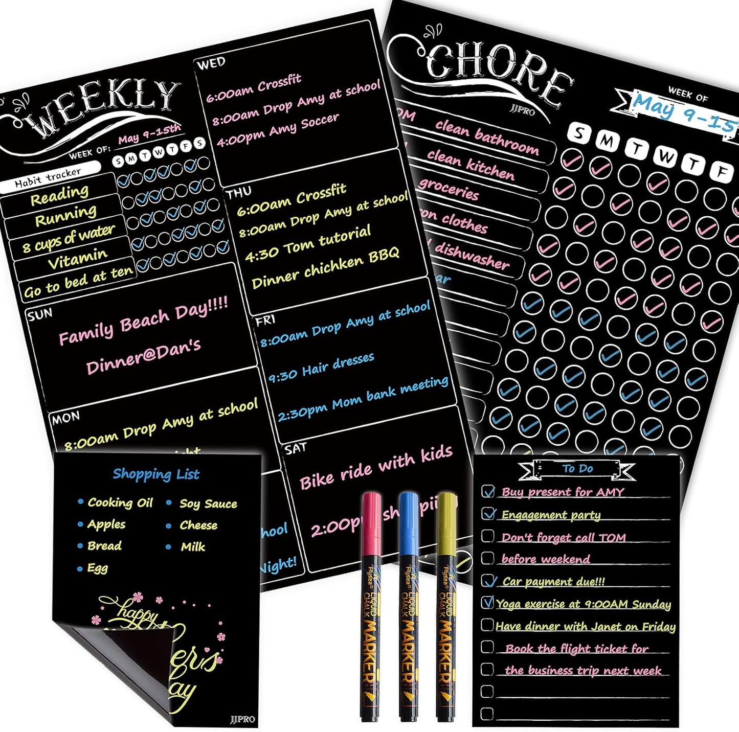 JJPRO Magnetic Dry Erase Menu and Chore Chart Blackboard for Fridge-Weekly Meal Planner Chalkboard,Behavior Chart Chalkboard for Multiple Kids with Notepad Blackboard