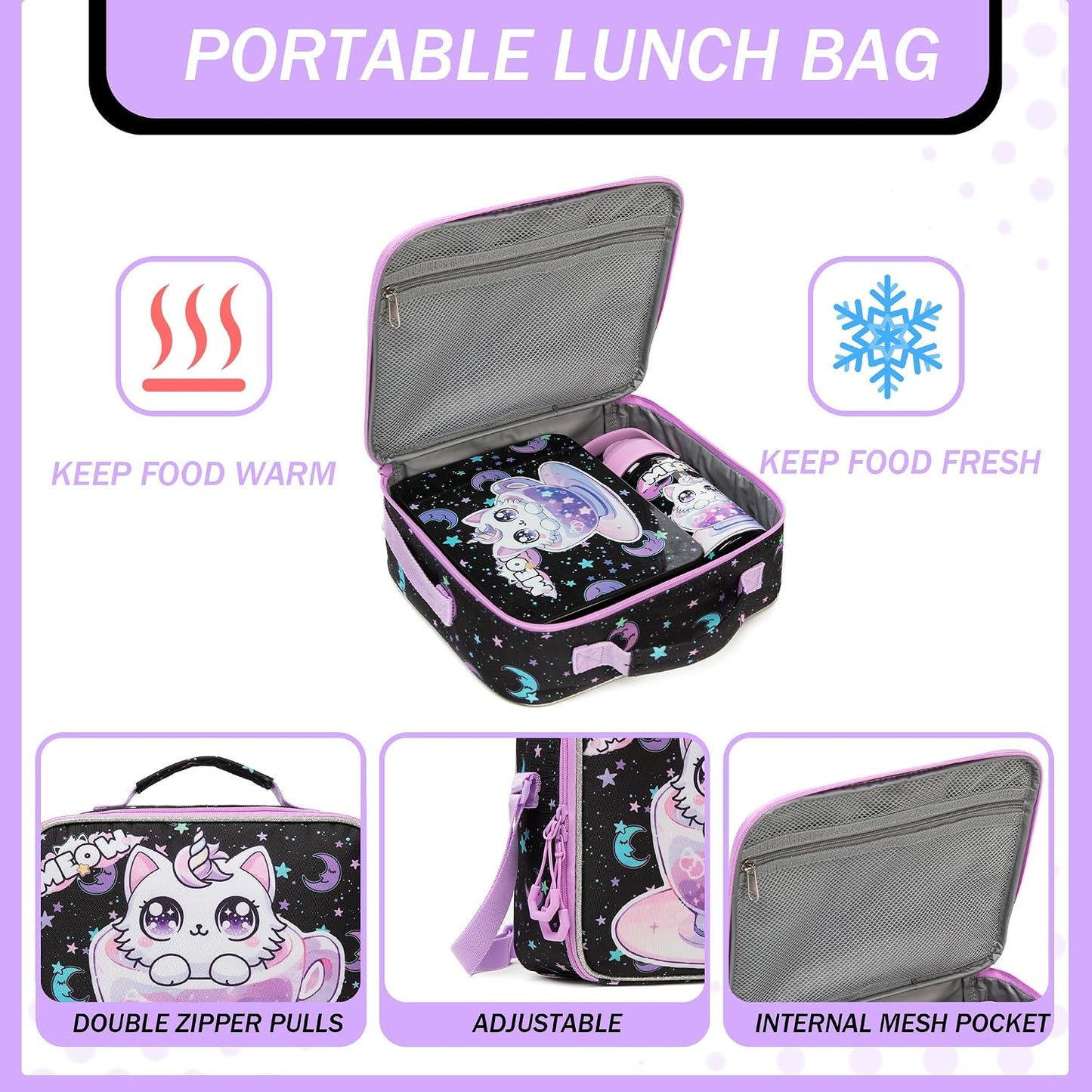 Kids Bento Lunch Box with 6 Compartments Girls Lunch Box with Lunch Bag,Stainless Steel Water Bottle,Ice Pack & Utensils Set,Birthday Gifts for Ages 3-12 Back to School Toddler Girls