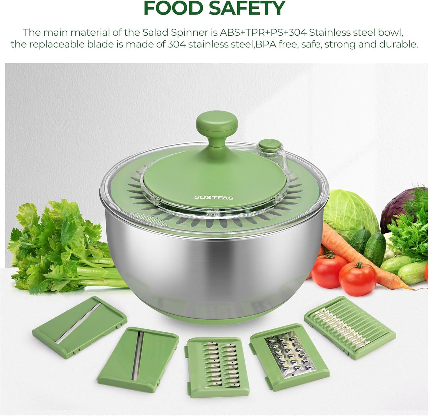 SUSTEAS Salad Spinner Large, Vegetables Wash Bowl, Fruits & Herb Lettuce Dryer with 5 Blade Slicer Egg Yolk Strainer Shredder for Efficient Salad Preparation and Food Washing, 4.25Qt