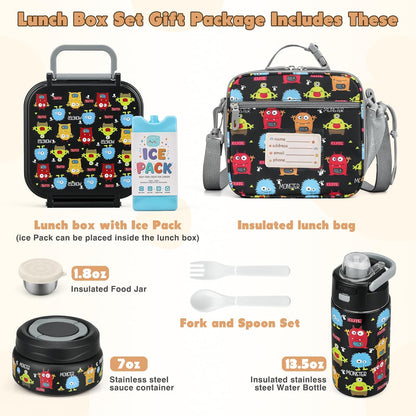 Bento Lunch Box for Kids with 7oz Soup Thermo,Insulated Stainless Steel Kids Water Bottle with Straw and Insulated Lunch Bag,Leak-Proof Lunch Food Container with Ice Pack for School (Purple-Mermaid)