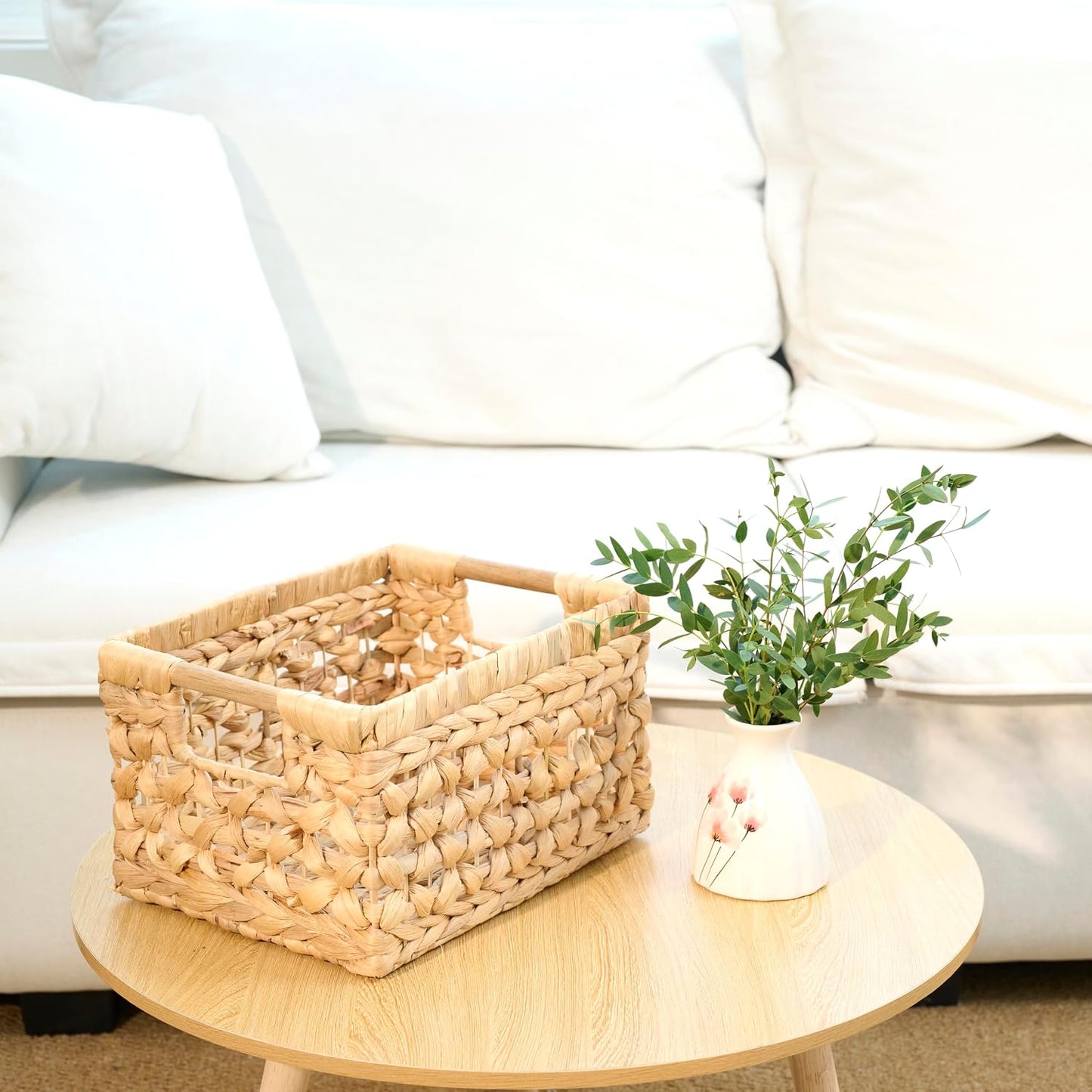 NAYA 11.6" Water Hyacinth Medium Wicker Shelf Basket – Storage Bin | Handwoven water hyacinth shelf basket with sturdy handles for pantry, towels and everyday home organization.
