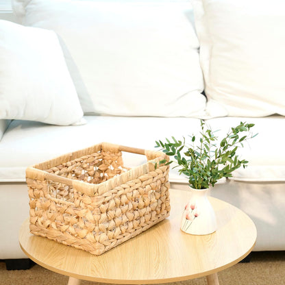NAYA 11.6" Water Hyacinth Medium Wicker Shelf Basket – Storage Bin | Handwoven water hyacinth shelf basket with sturdy handles for pantry, towels and everyday home organization.
