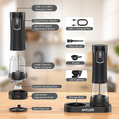 Electric Salt and Pepper Grinder Set, 2 in 1 Dual Bins USB Rechargeable
