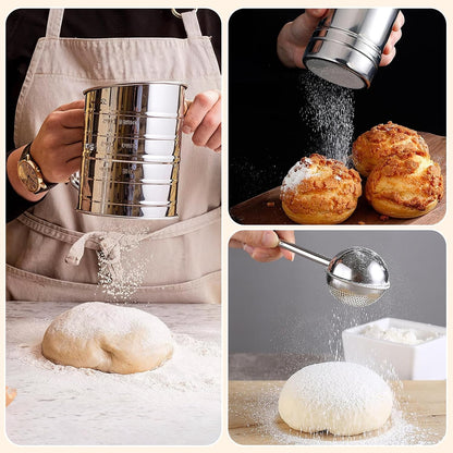 4 in1 Flour Sifter Stainless Steel, 5 Cup Flour Sifter for Baking, Sifter for Baking with Powdered Sugar Duster Set, Flour Shaker Duster for Baking Cakes, Pies, Pastries, Desserts and Cupcakes