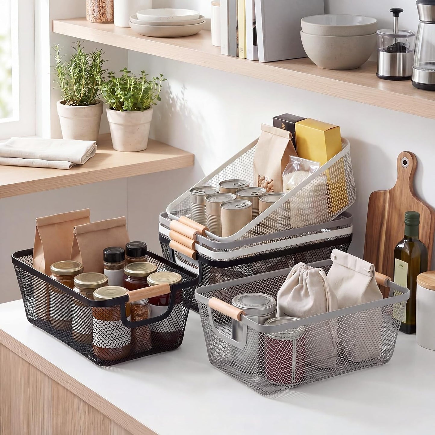 Sawysine 6 Pack Wire Mesh Baskets for Organizing with Wooden Handles 12.2 x 8.27 x 5.51 Inch Metal Mesh Storage Bins Black White Gray Fruit Vegetable Containers for Pantry Kitchen Office