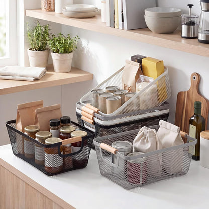Sawysine 6 Pack Wire Mesh Baskets for Organizing with Wooden Handles 12.2 x 8.27 x 5.51 Inch Metal Mesh Storage Bins Black White Gray Fruit Vegetable Containers for Pantry Kitchen Office