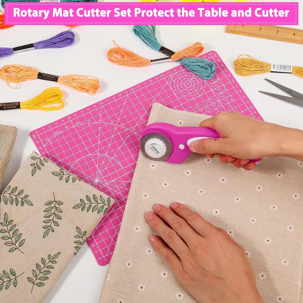 Rotary Cutter and Mat Set, Audab Self Healing Sewing Mats Shirt Cutter 45mm Fabric Cutter Wheel with 2 Blades Rotary Cutting Mat for Crafts Fabric Quilting Hobby (9" x 12" (A4)