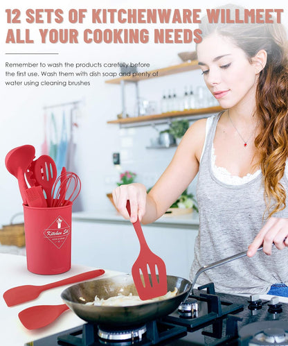 Kitchen Utensils Set-12 Pieces Silicone Cooking Utensils Set (Dishwasher Safe) 392°F Heat Resistant Spatula Set,Kitchen Utensil Set for Nonstick Cookware,Best Kitchen Tools with Holder