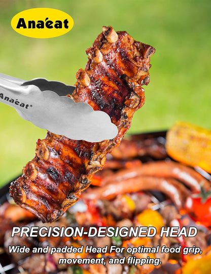Anaeat Premium Kitchen Locking Tong Set of 3 - Heavy Duty Stainless Steel Food Tongs with Long Handle & Non-Slip Silicone Grip for Cooking, Baking, Grilling - Heat Resistant up to 480°F