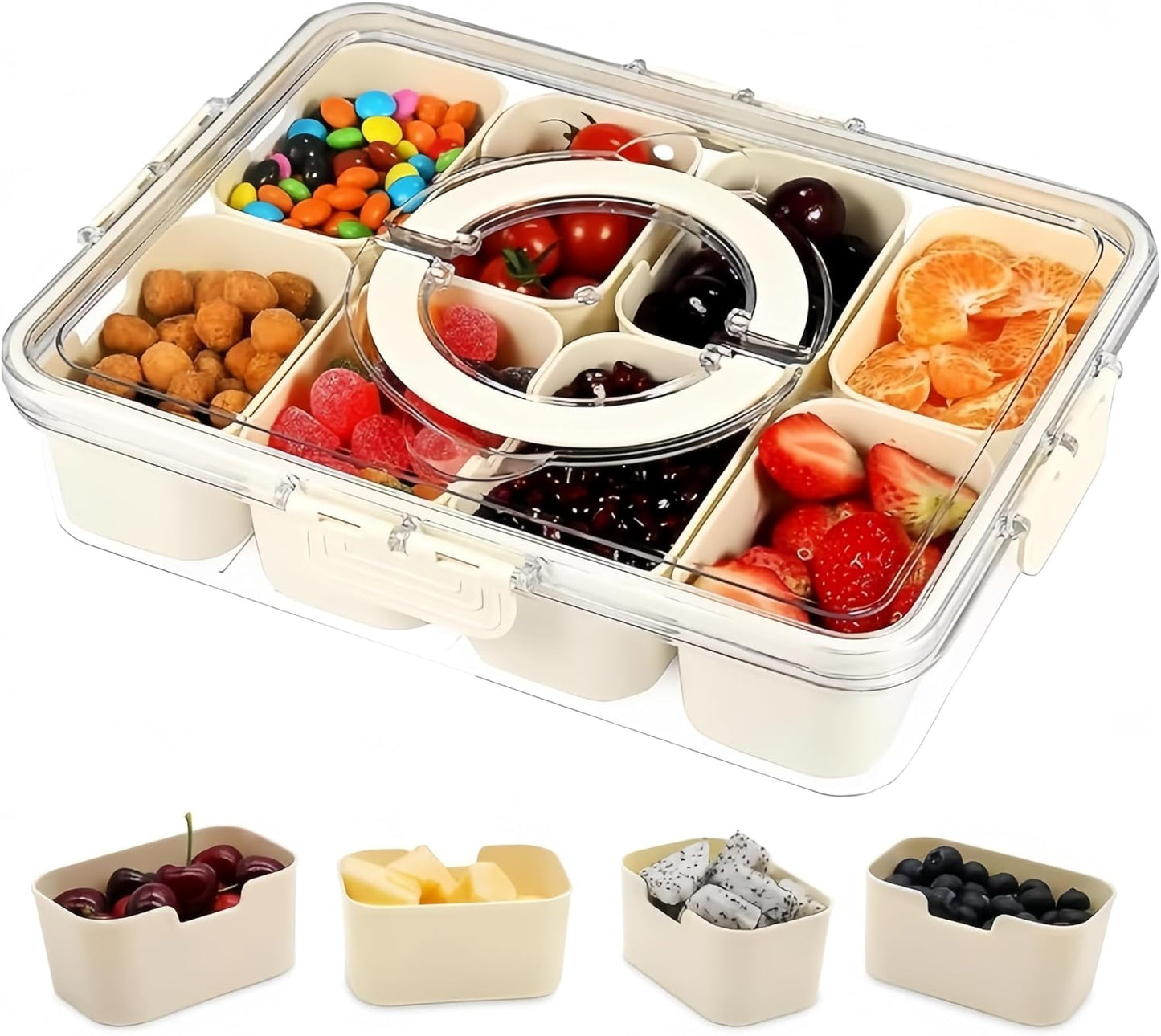 Divided Serving Tray with Lid and Handle - Snackle Box Charcuterie Container for Portable Snack Platters - Clear Organizer for Candy, Fruits, Nuts, Snacks