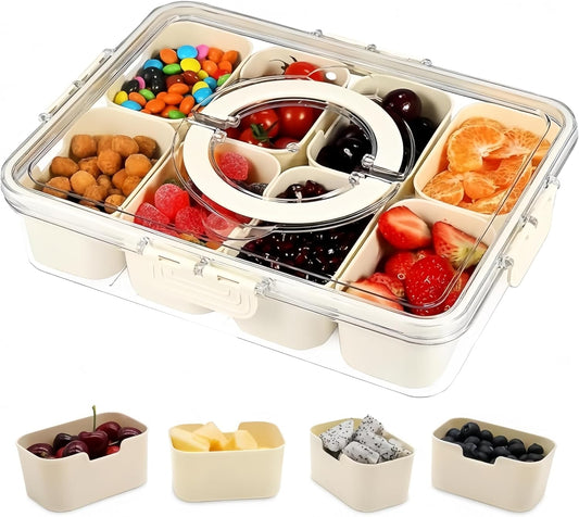 Divided Serving Tray with Lid and Handle - Snackle Box Charcuterie Container for Portable Snack Platters - Clear Organizer for Candy, Fruits, Nuts, Snacks
