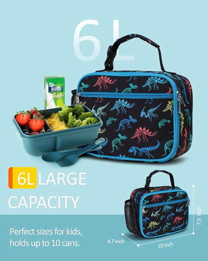 Bagseri Kids Lunch Bag Boys - Thermal Insulated Lunch Box Tote with Water Bottle Holder, Reusable Leak-Proof Kids Lunch Box for Daycare & School, Black Dinosaur (Containers Not Included)