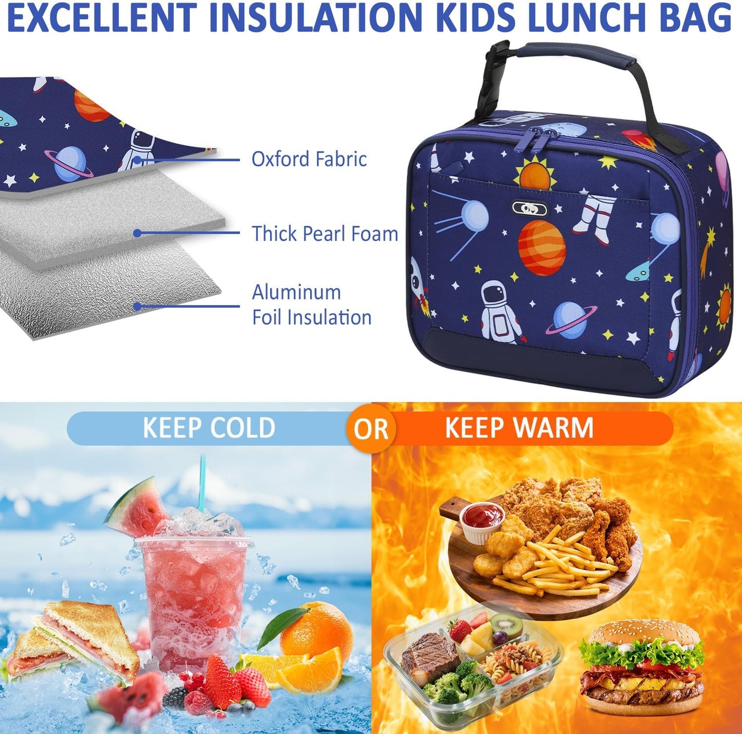 Lunch Box Kids Insulated Lunch Bag for Boys Girls Cute Reusable Lunch Tote Bag Waterproof Portable Thermal Lunch Box Kids for School Picnic Travel Black