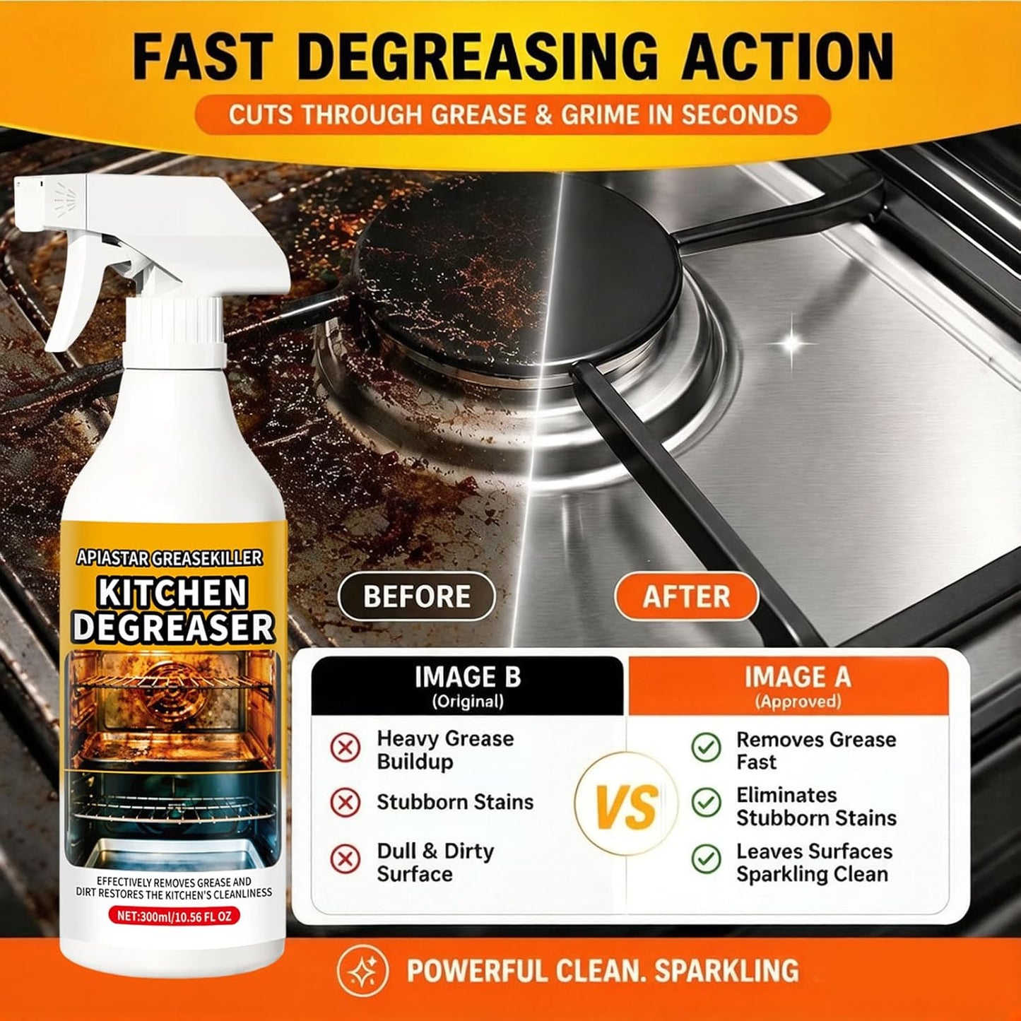 Apiastar Greasekiller Spray,2026 New,300ML/10.56FL.OZ Apiastar Grill Cleaner Spray,Suitable For Greasy Grates, Drip Trays, Sticky Buildup, Exterior Grill Messes(2PCS)