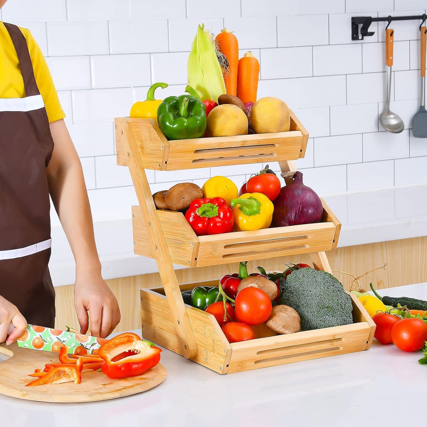 VIKEYHOME Fruit Basket, 2 Tier Bamboo Fruit Basket for Kitchen, 11" Tall Fruit Stand Storage Holder, Heavy Duty/Large Capacity for Vegetables, Fruit, and Snack, 15 mm Thickness (Self-assembly)
