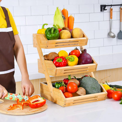 VIKEYHOME Fruit Basket, 2 Tier Bamboo Fruit Basket for Kitchen, 11" Tall Fruit Stand Storage Holder, Heavy Duty/Large Capacity for Vegetables, Fruit, and Snack, 15 mm Thickness (Self-assembly)