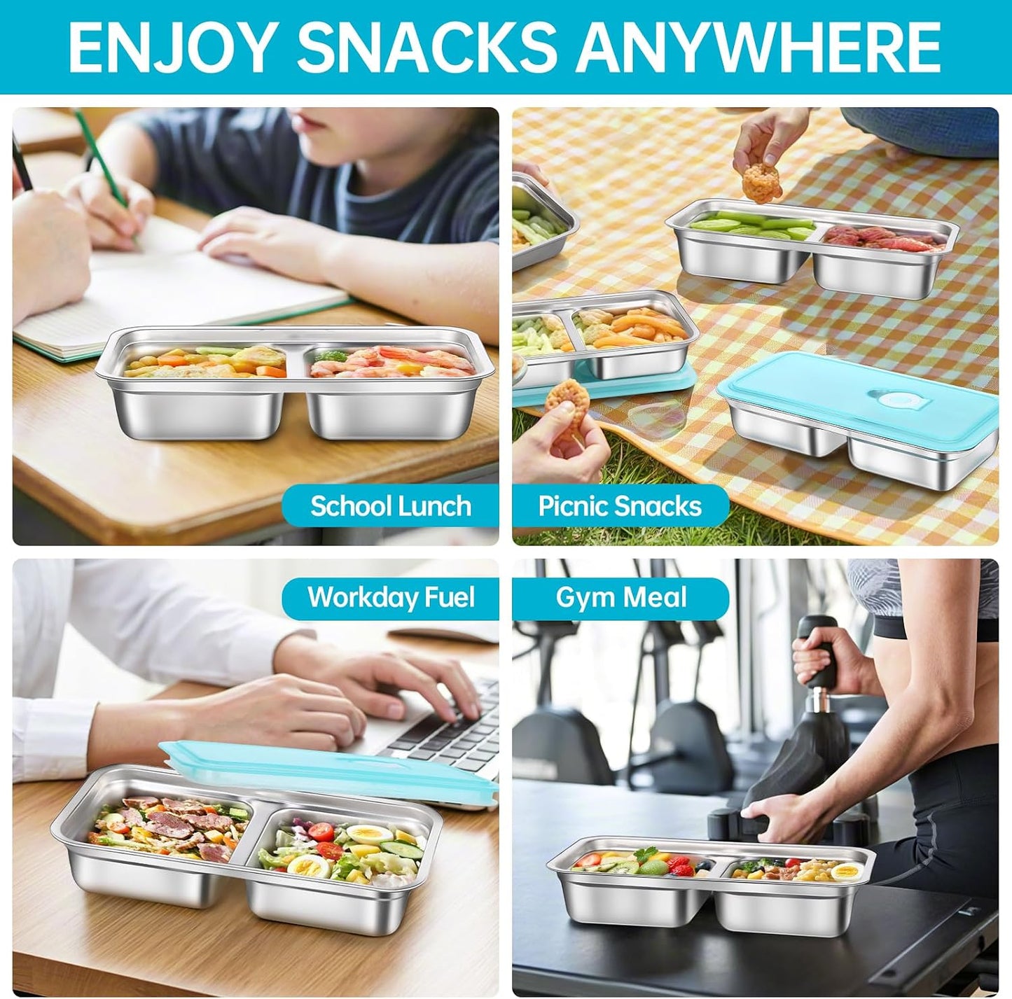 4 Pack Stainless Steel Snack Containers Reusable, Grab and Go 2 Compartment Food Storage Meal Prep Containers with Lids Stackable for Travel Camping School Lunch, Gifts for Gym Home Cooks