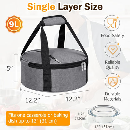 Round Insulated Casserole Carrier – 12" Portable Pie Carrier Bag for Hot or Cold Food, Leakproof Thermal Lunch Tote with Handle for Parties Picnic & Travel - Grey