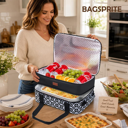 Double Layer Insulated Casserole Carrier, Fits 9" x 13" Baking Dish, Food Transport Carrier with Utensil Pocket for Hot & Cold Dishes, Reusable Potluck Tote for Thanksgiving, Parties&Family Gatherings