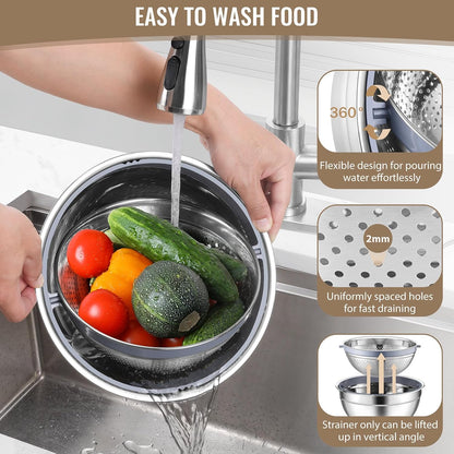 P&P CHEF 4-In-1 Stainless Steel Colander with Bowl Set, Rotatable Strainers for Kitchen, Fruit Cleaner, Washing Fruit & Draining Pasta, Mixing Bowl and Lid with Grater for Salad, Black