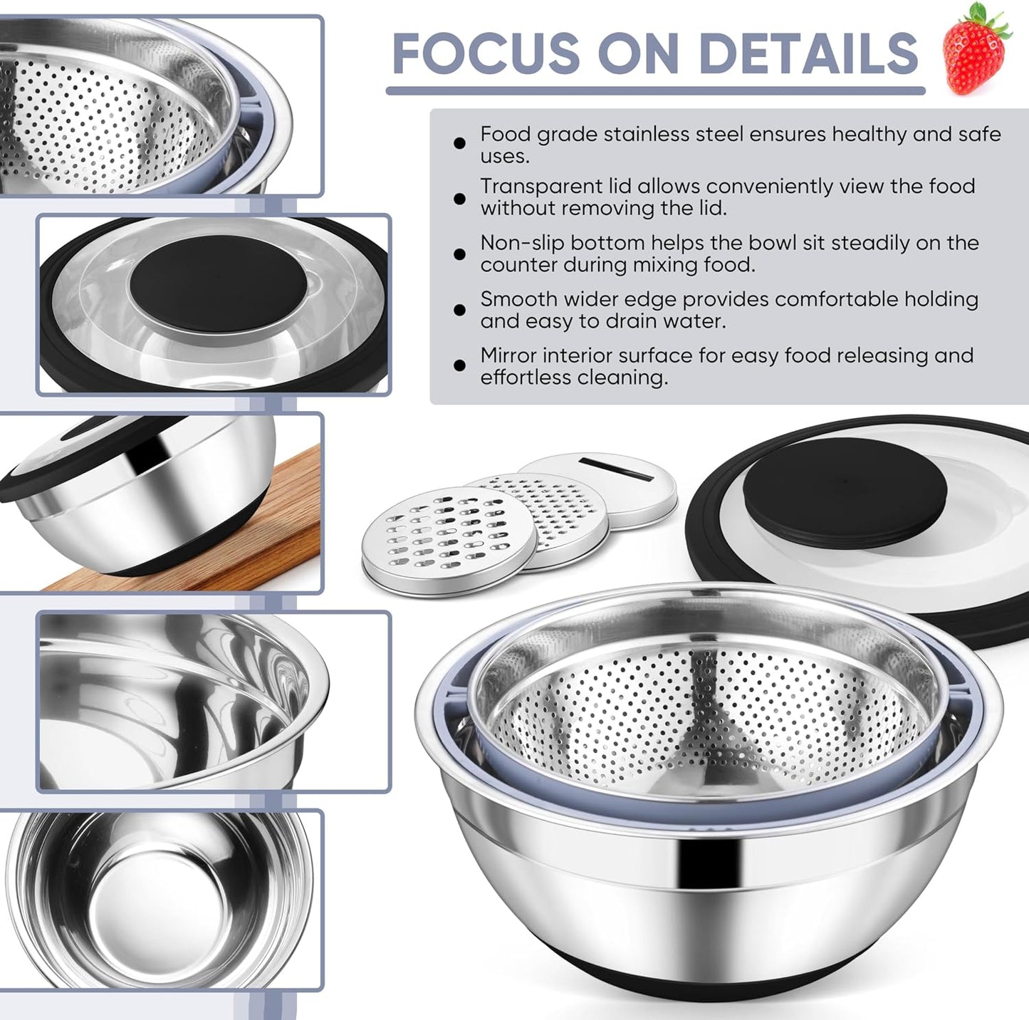 TeamFar 4-1 Colander with Bowl Set, Rotatable Colander for Kitchen, Stainless Steel Food Strainers and Colanders Mixing Bowl with Graters, for Veggies Fruits Washing, Pasta Straining - Khaki