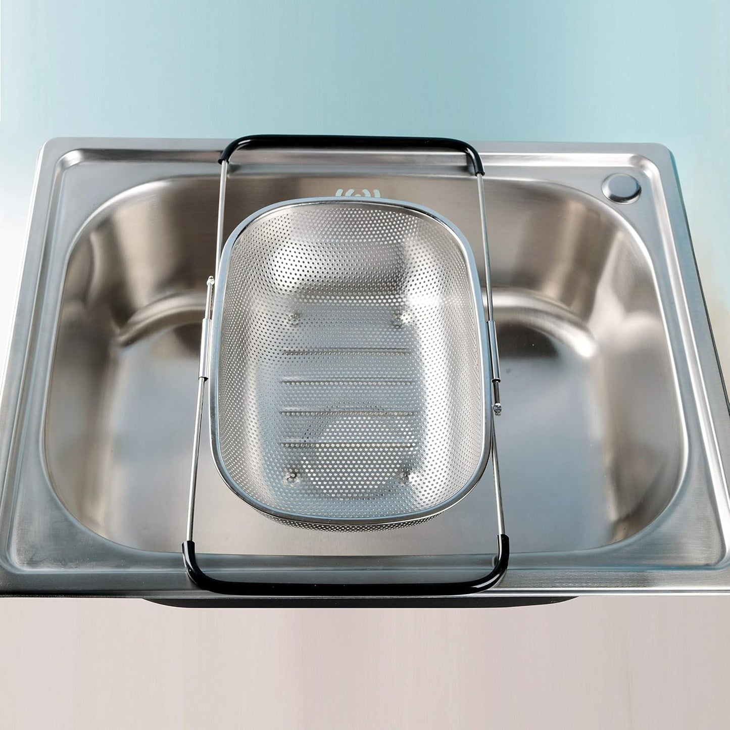 Over the Sink Strainer, Stainless Steel Kitchen Colander with Extendable Arms for Vegetable, Fruits and Pasta (5 quart)