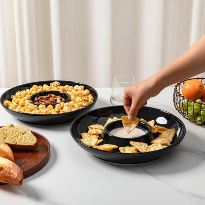LEHAHA 12.25 inch porcelain Chip and Dip Serving Set, Ceramic Platters for Cheese, Appetizers &Chips Salsa, Fruit and Veggies, Divided Serving Trays for Family Gathering and Parties, Dark Creamy