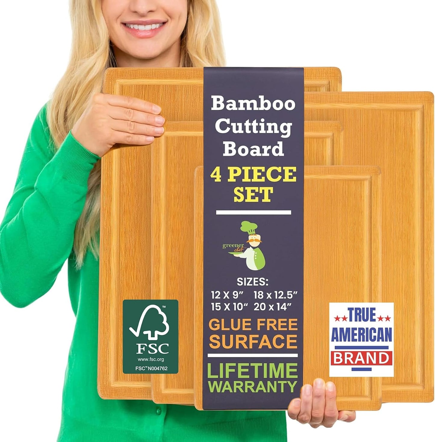 Greener Chef Luxury Bamboo Cutting Board Set of 3 with Glue-Free Surface Technology - Extra Spacious Wood Cutting Boards for Kitchen and XL Chopping Board Set - Replacements for Life