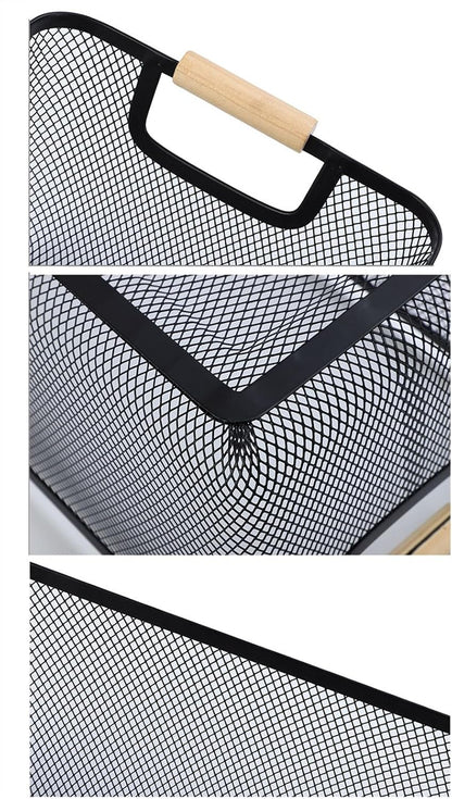 AJIODA Metal Mesh Steel Basket, Large Wire Storage Organizer Basket Multi-function Hanging Kitchen Baskets with Wood Handle for Kitchen Bathroom Picnic Home, Rectangle-Off White