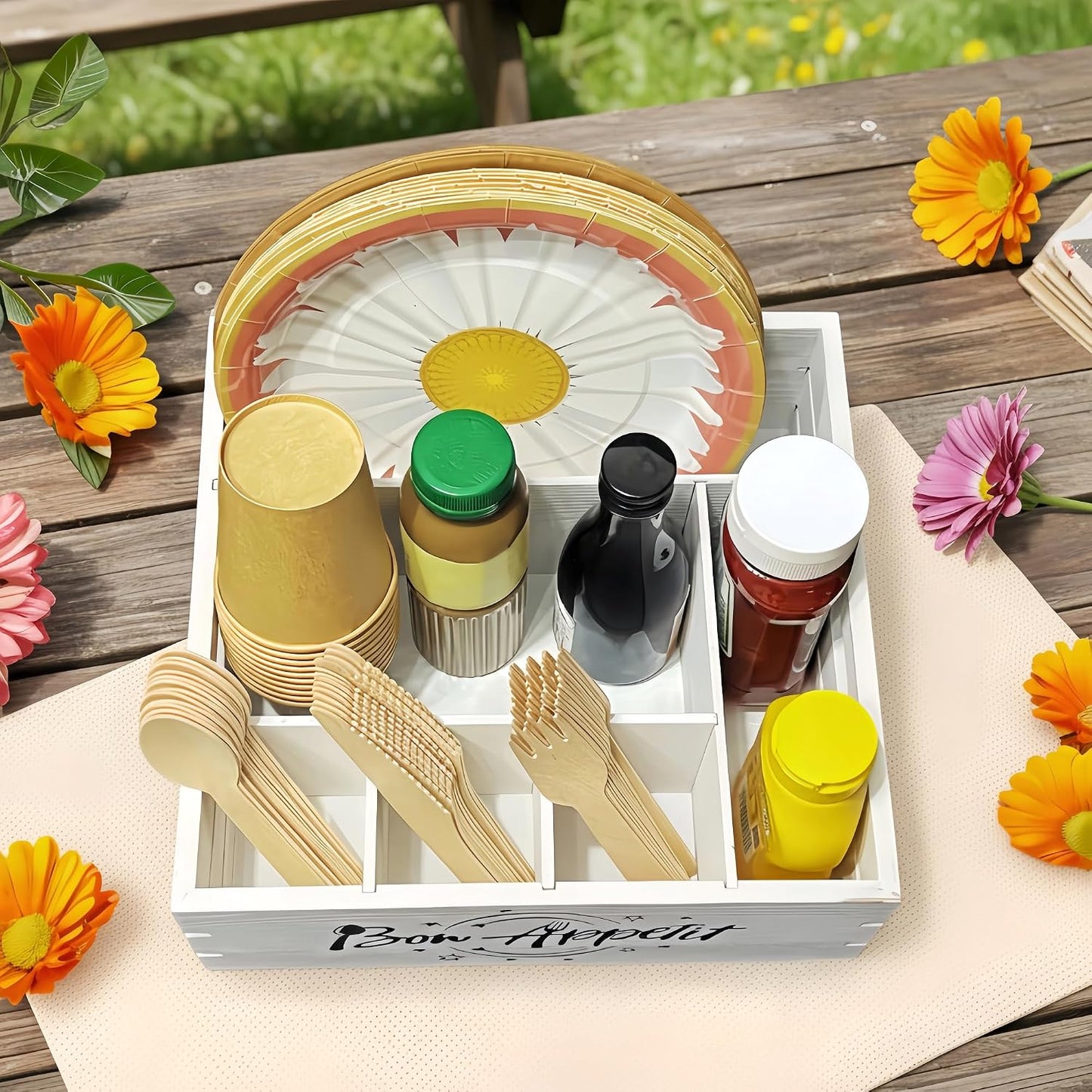 Utensil Holder for Party Farmhouse Crate Look - White Napkin Paper Plate Dispenser for Countertop - Silverware Caddy for Plate, Cup, Fork, Spoon - Flatware Box Organizer for Outdoor Camping Picnic