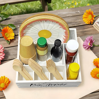 Utensil Holder for Party Farmhouse Crate Look - White Napkin Paper Plate Dispenser for Countertop - Silverware Caddy for Plate, Cup, Fork, Spoon - Flatware Box Organizer for Outdoor Camping Picnic