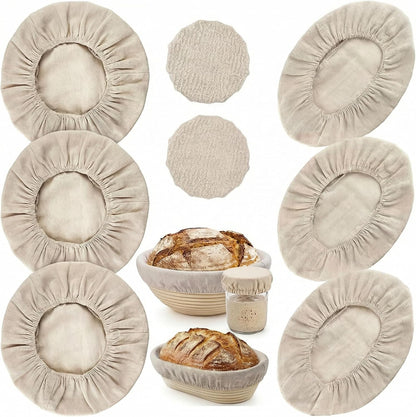 8 PCS Bread Proofing Basket Cloth Liner (3 Round & 3 Oval) & 2 Sourdough Starter Jar Covers, 10 Inch Banneton Basket Cover for Sourdough Baking, Reusable Dough Bowl Liner (Combo)