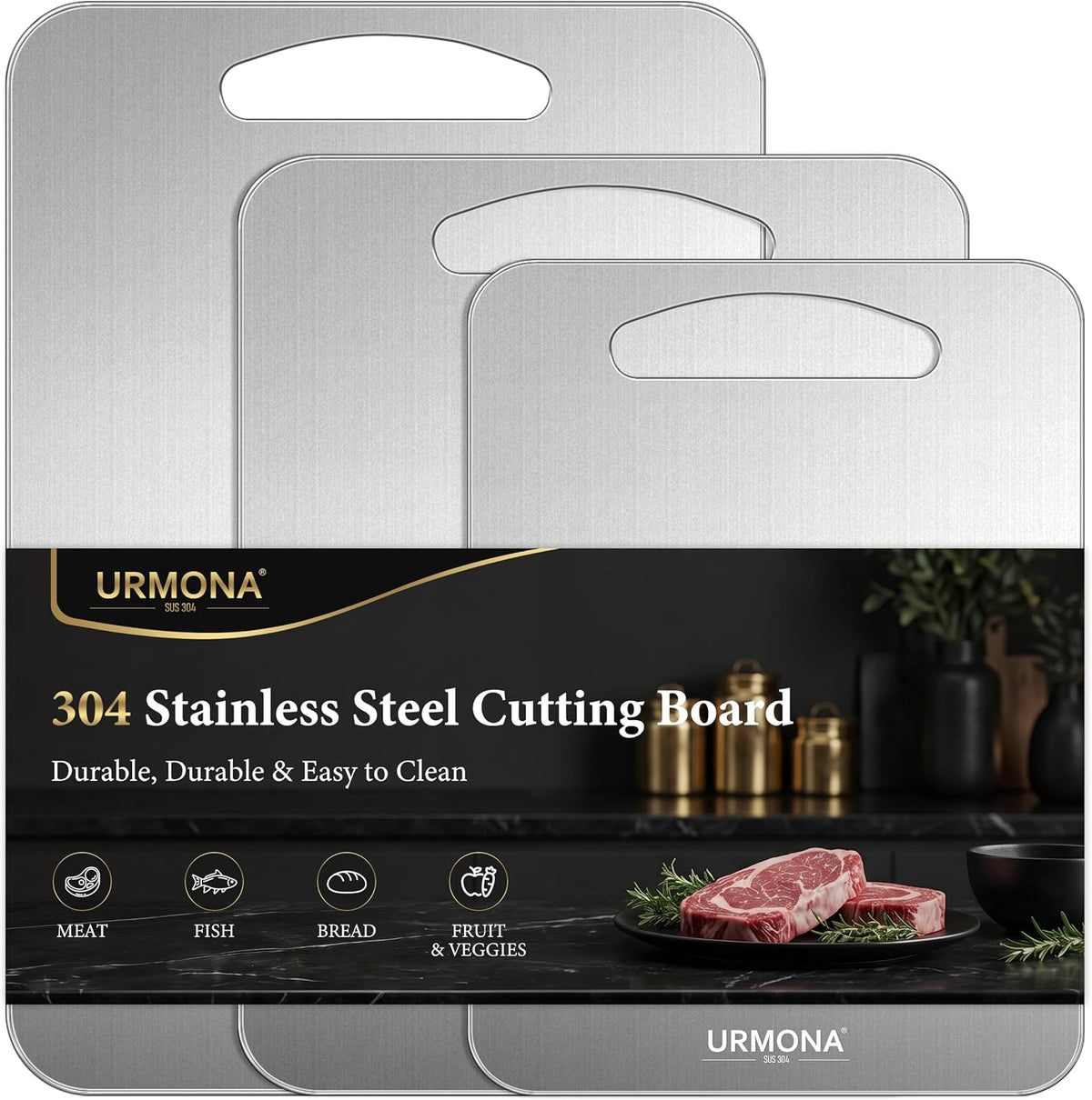 URMONA 3 PCS 304 Stainless Steel Cutting Board Set for Kitchen