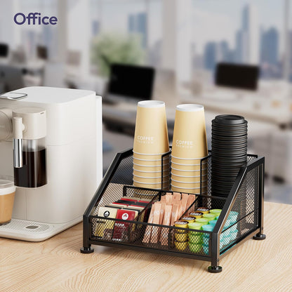 SWTYMIKI Coffee Bar Organizer for Countertop – Space-Saving Kcup Organizer with Tiered Shelves, Countertop Coffee Station for Pods, Sugar, Syrup, Cups, Stirrers, Mesh Condiment Storage