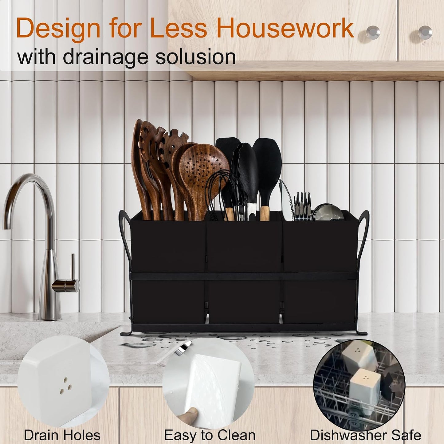 Czlizdyt Cutlery Holder with Drain Holes, Silverware Caddy for Party Countertop, 3pcs Bins Set Utensil Holders for Spoon and Fork, White